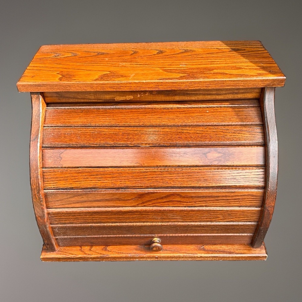 Vintage Wooden Roll Top Bread Box Oak Tambour Kitchen Counter Storage